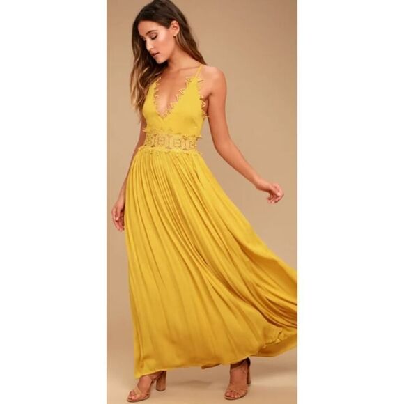 Lulu's This is Love Mustard Yellow Lace Maxi Dress Sz. XS - Picture 1 of 8